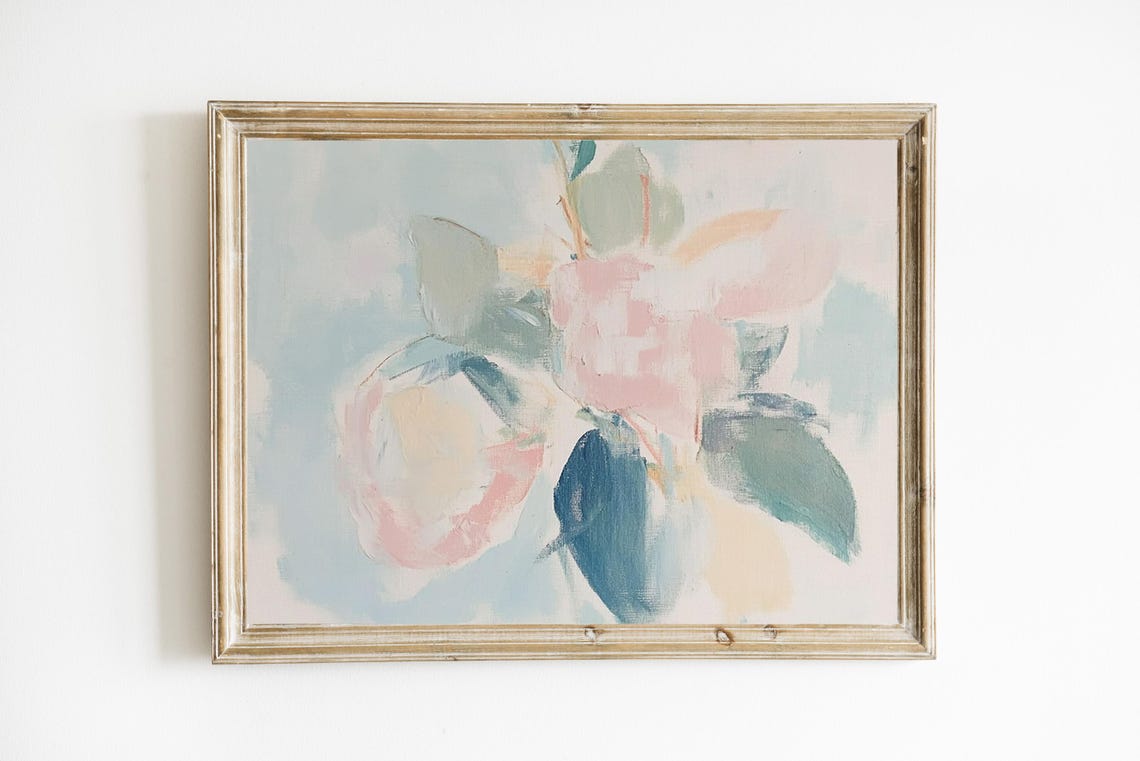 Dreamy Pastel Blue And Pink Abstract Floral Home Decor Wall Art