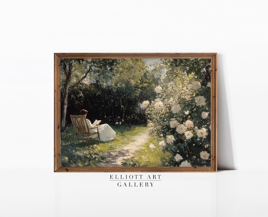 Woman Reading In A Rose Garden Impressionist Painting Vintage Print