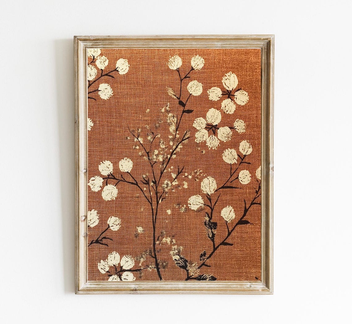 Cream Blossoms Terracotta Vintage Linen Botanical Art Poster