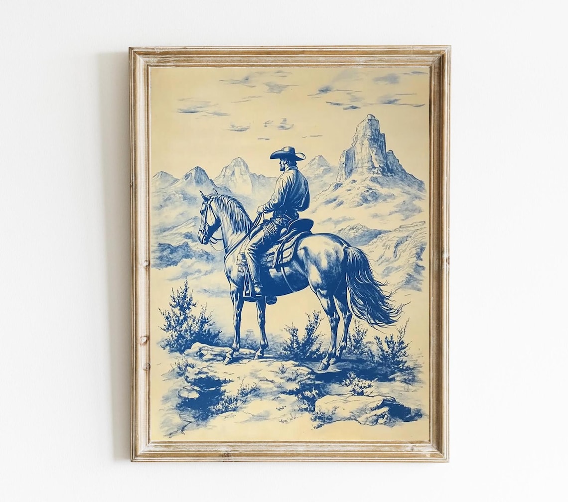 Blue Ink Cowboy Horseback Mountain Desert Western Art Poster