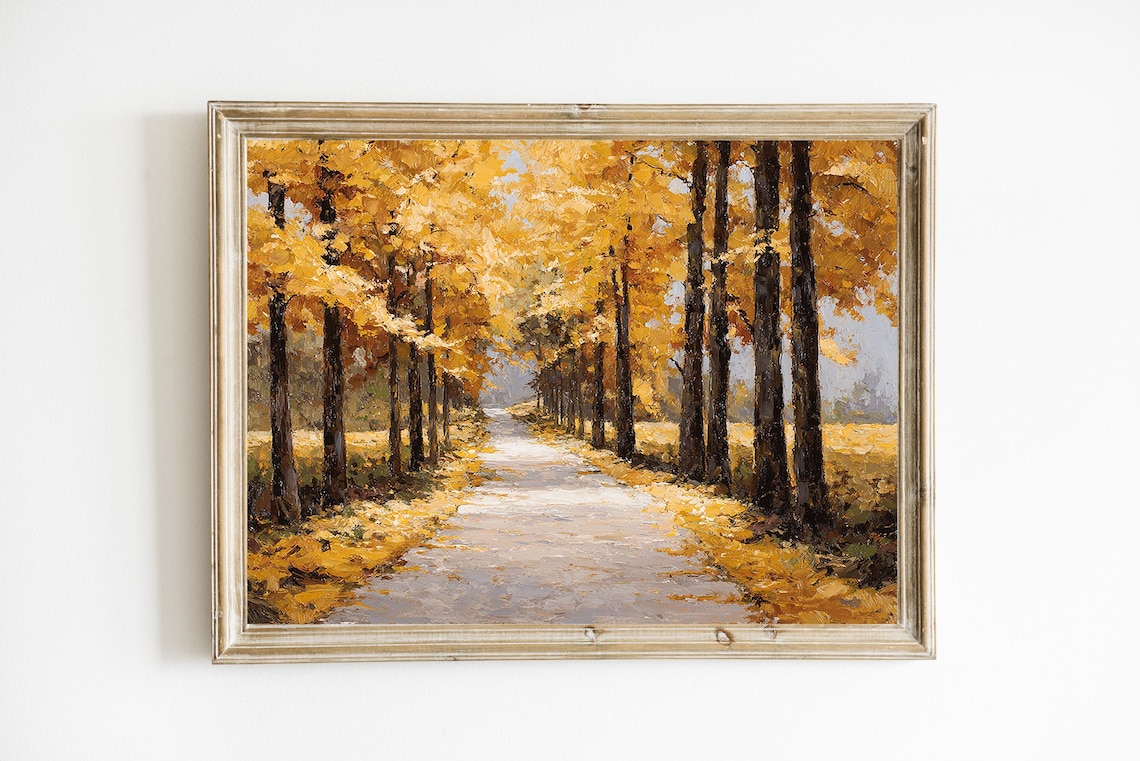 Golden Autumn Path Moody Oil Painting Rustic Landscape Poster