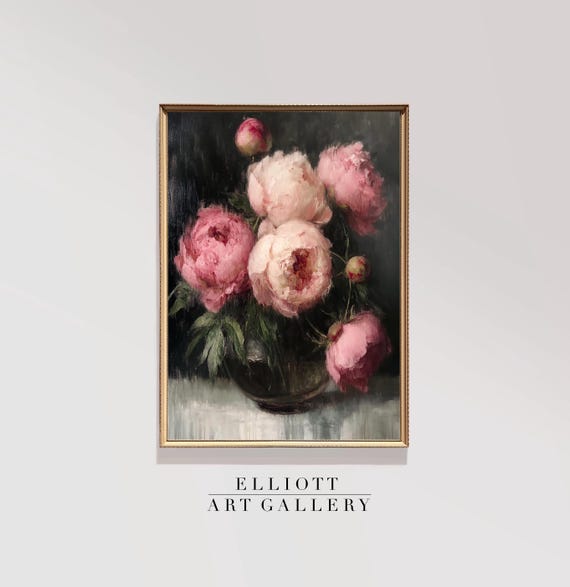 Still Life Pink Peonies Moody Floral Painting Vintage Decor Dark Print Farmhouse Art E131