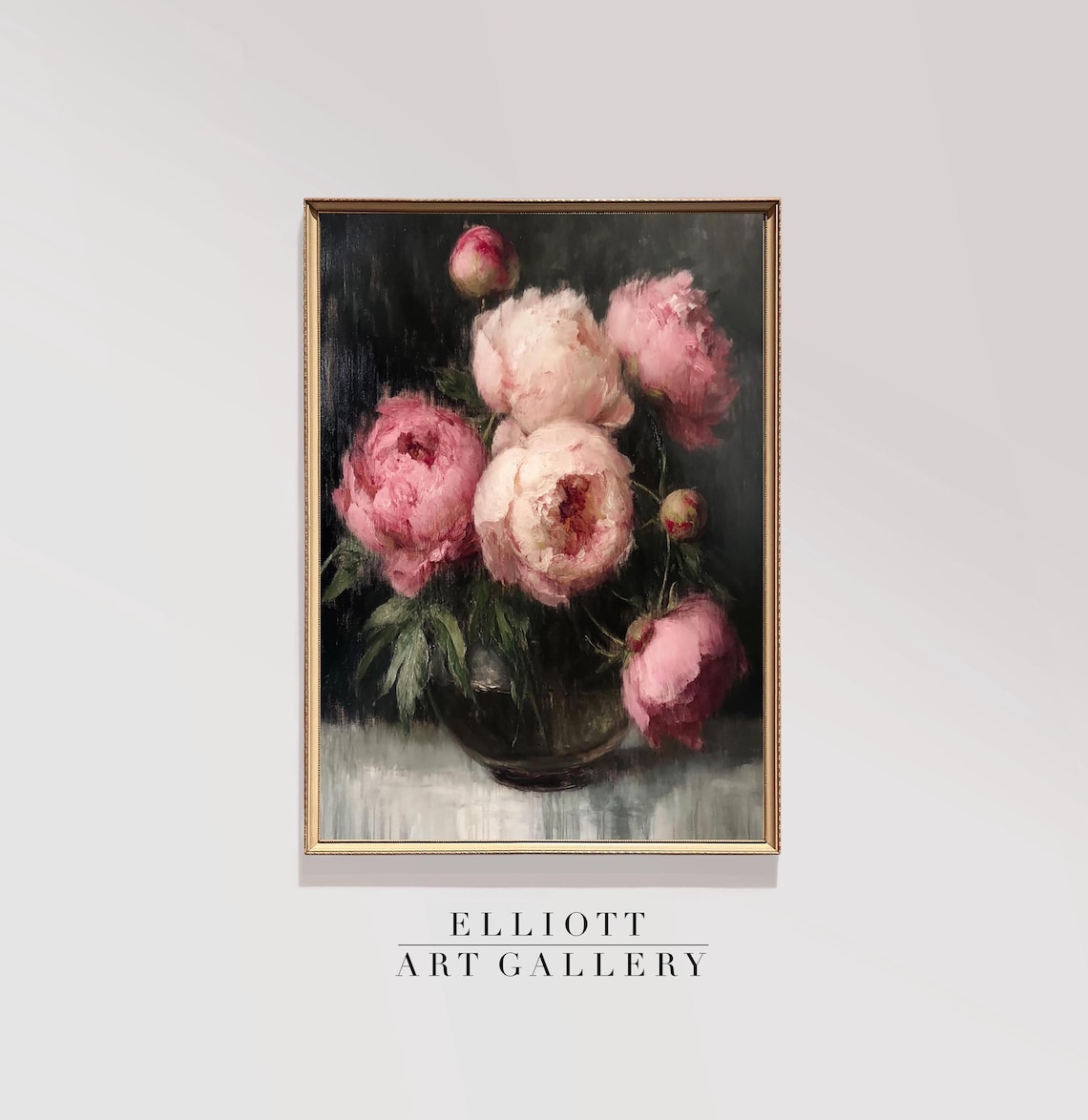 Pink Peonies in Dark Vase Moody Vintage Floral Art Wall Poster