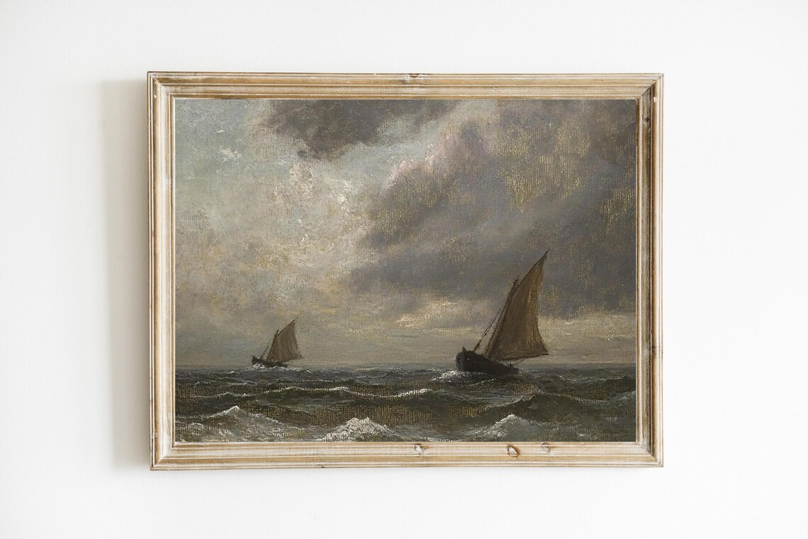 Stormy Ocean Two Sailboats Moody Vintage Oil Painting Poster