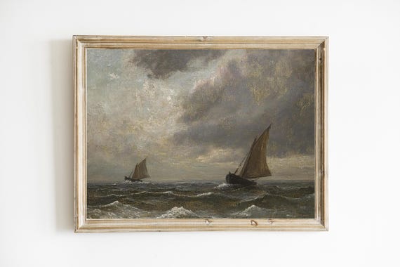 Vintage Nautical Seascape Moody Ocean Oil Painting Dark Boat Wall Decor E676