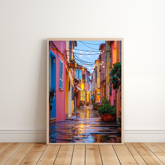 Mediterranean Village Colorful Street At Dusk Lights Wall Art
