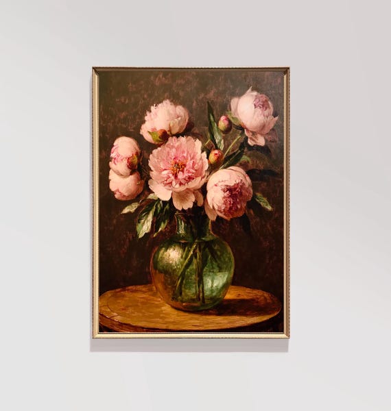 Vintage Pink Peonies Oil Painting Moody Still Life Flower Print Dark Floral Wall Art E194