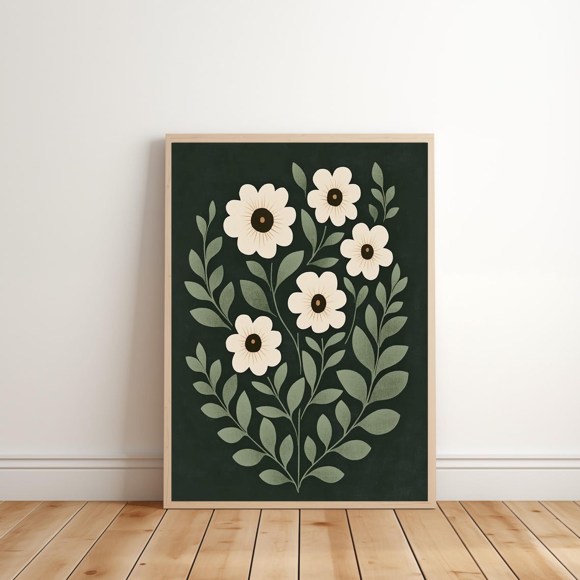 White Daisies Dark Green Botanical Floral Minimalist Art Poster