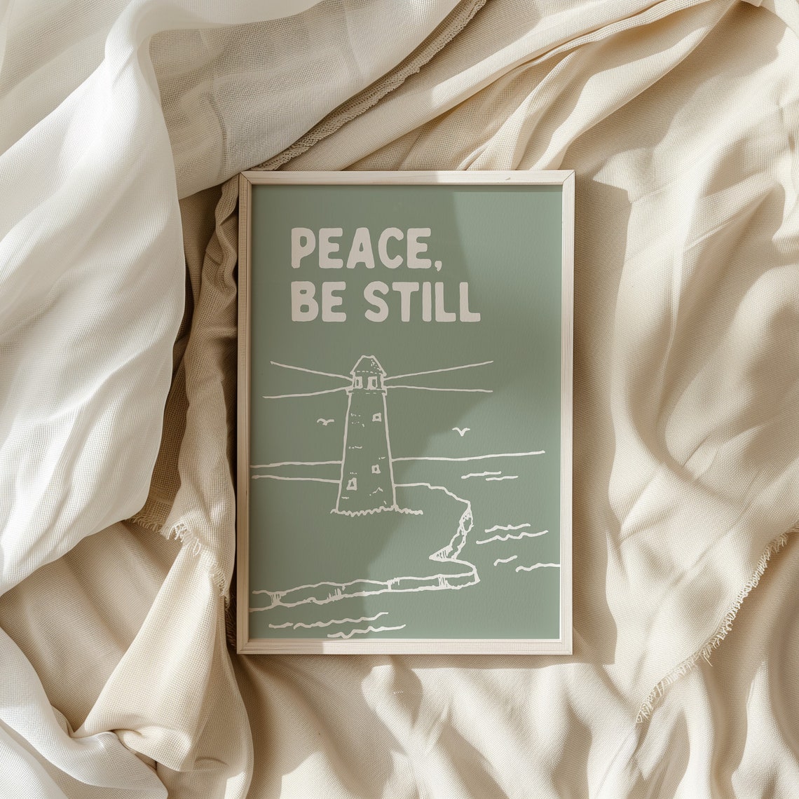 Peace Be Still Sage Green Lighthouse Coastal Christian Poster - Image 4