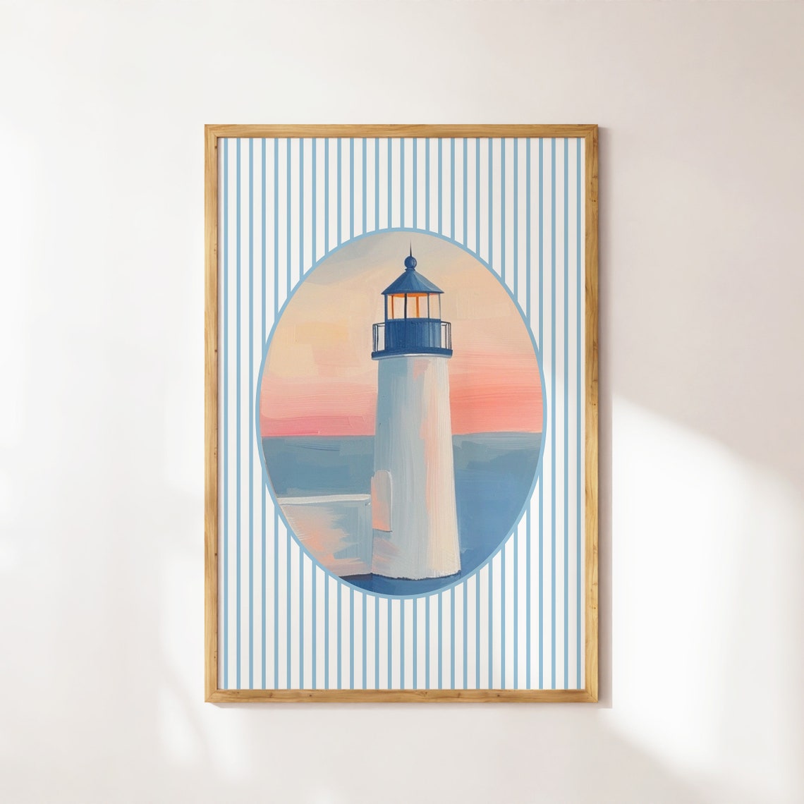 Sunset Lighthouse Oval Coastal Striped Beach House Scenic Art Poster