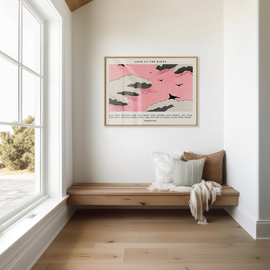 Look at the Birds Matthew 6:26 Pink Japanese Woodblock Sky Clouds Poster - Image 3