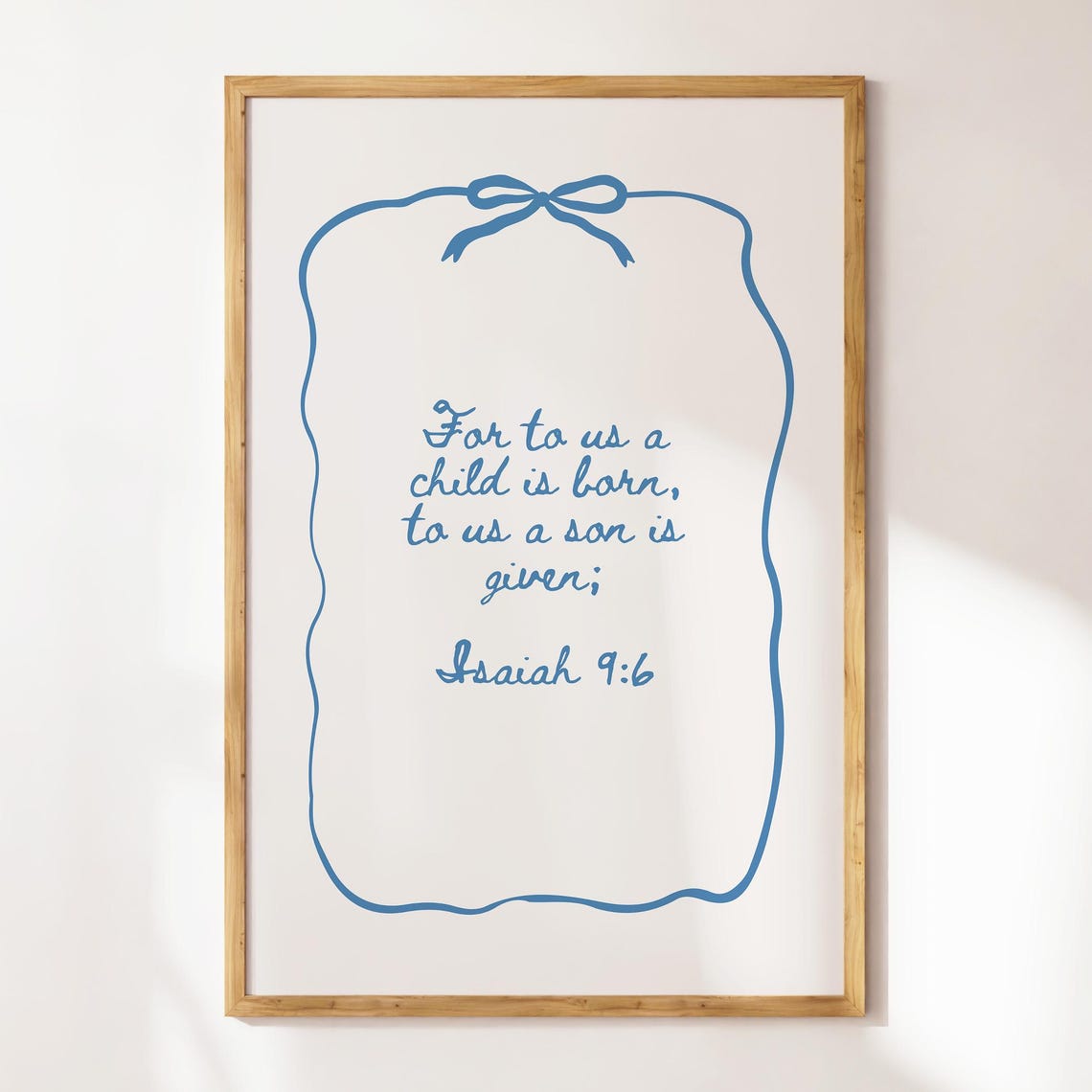 Isaiah 9:6 Blue Script Bow Border Christmas Scripture Poster