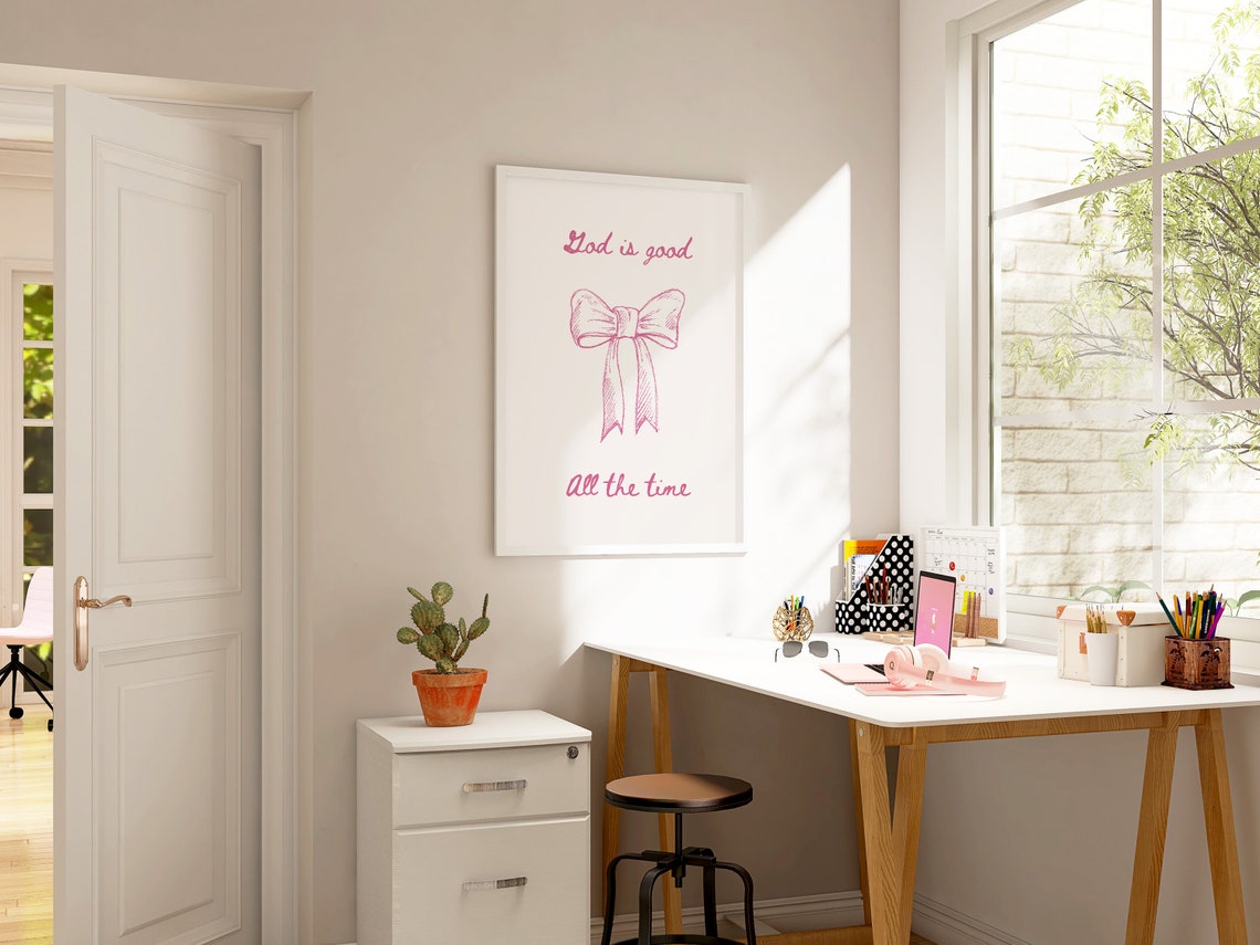 God Is Good All The Time Pink Script Bow Coquette Christian Wall Art - Image 3