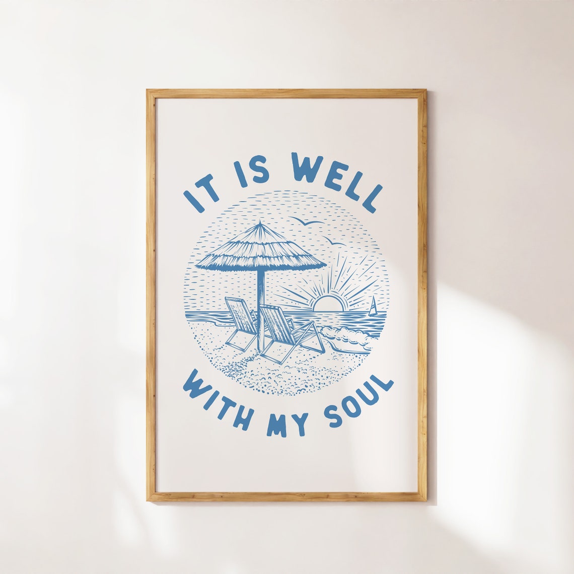 It Is Well With My Soul Beach Sunset Blue Vintage Line Poster - Image 4