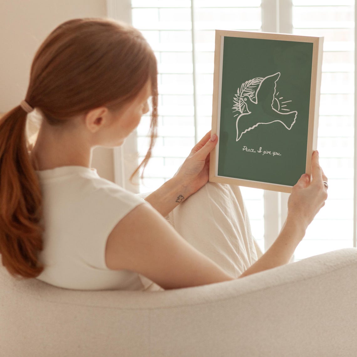 Peace I Give You Dove Green Christian Line Art Scripture Poster - Image 3