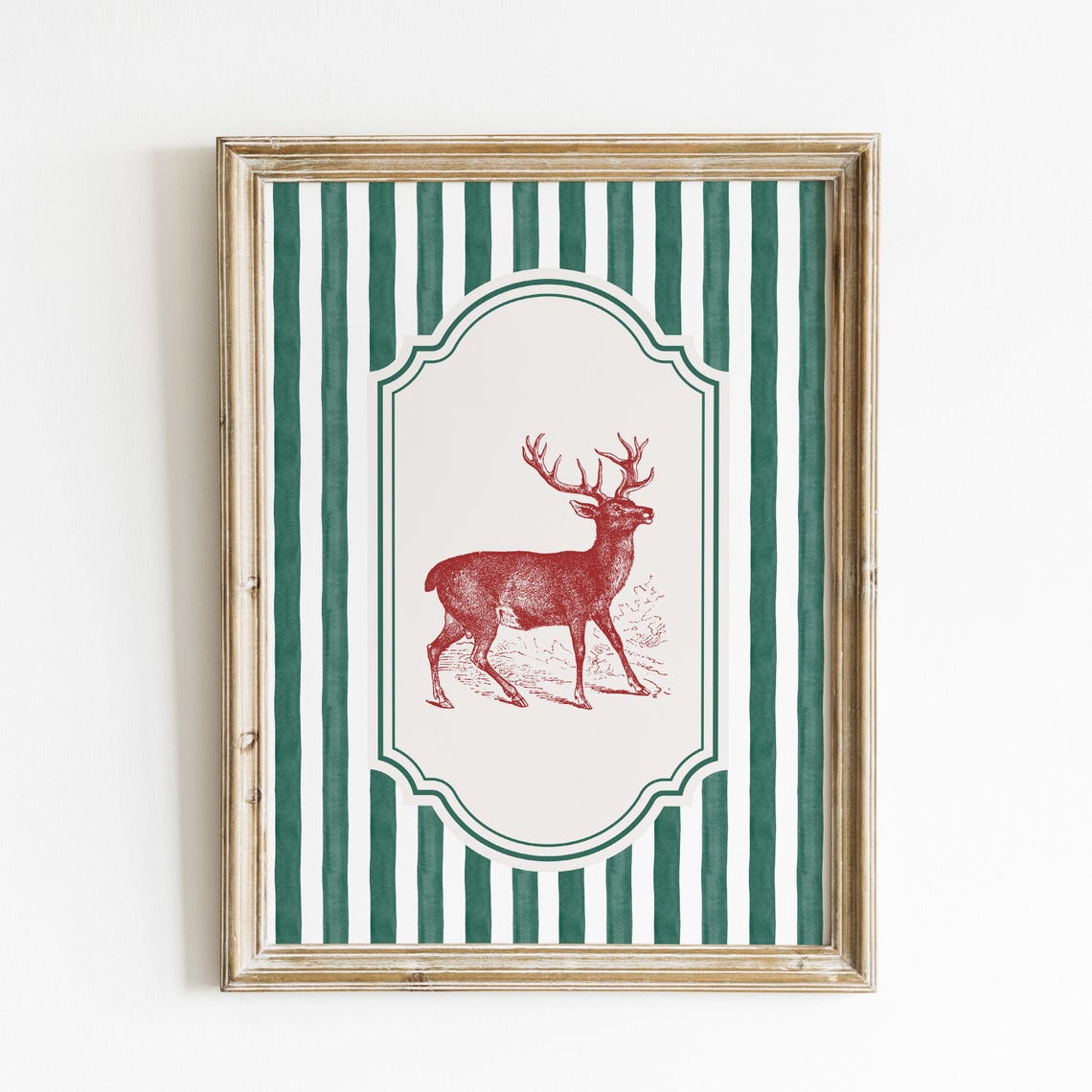 Vintage Red Deer Stag Engraving Green Striped Wildlife Art Print