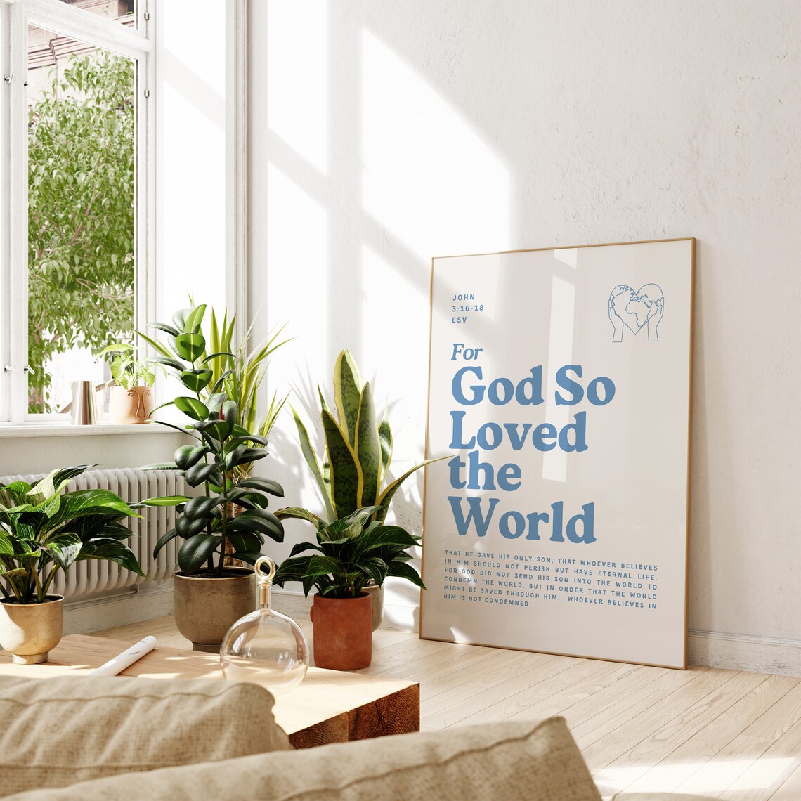 For God So Loved the World John 3 16 18 Blue Retro Bible Verse Kitchen Poster - Image 3