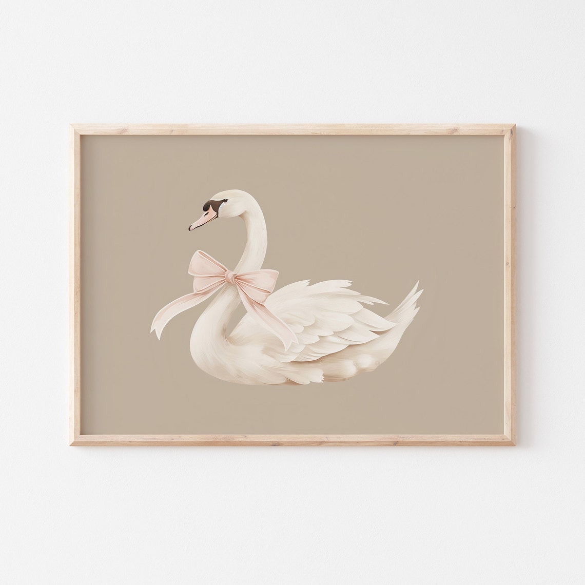 White Swan With Pink Bow Coquette Nursery Animal Print Beige - Image 4
