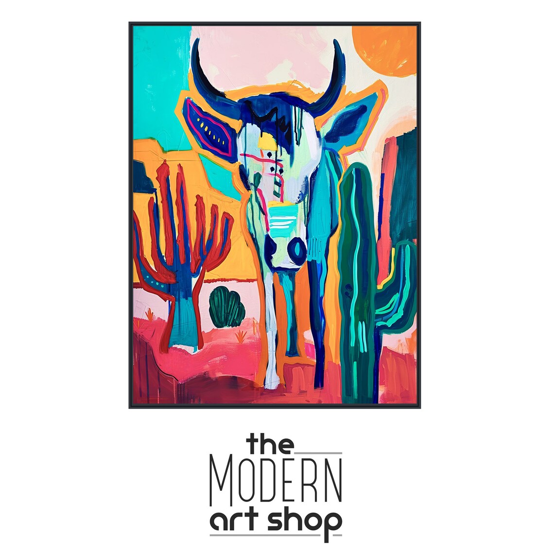 Pecos Southwestern Abstract Bull and Cactus Art Print - Image 4