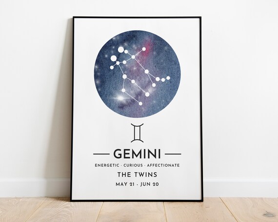Gemini Zodiac Constellation Watercolor Star Sign Astrology Poster