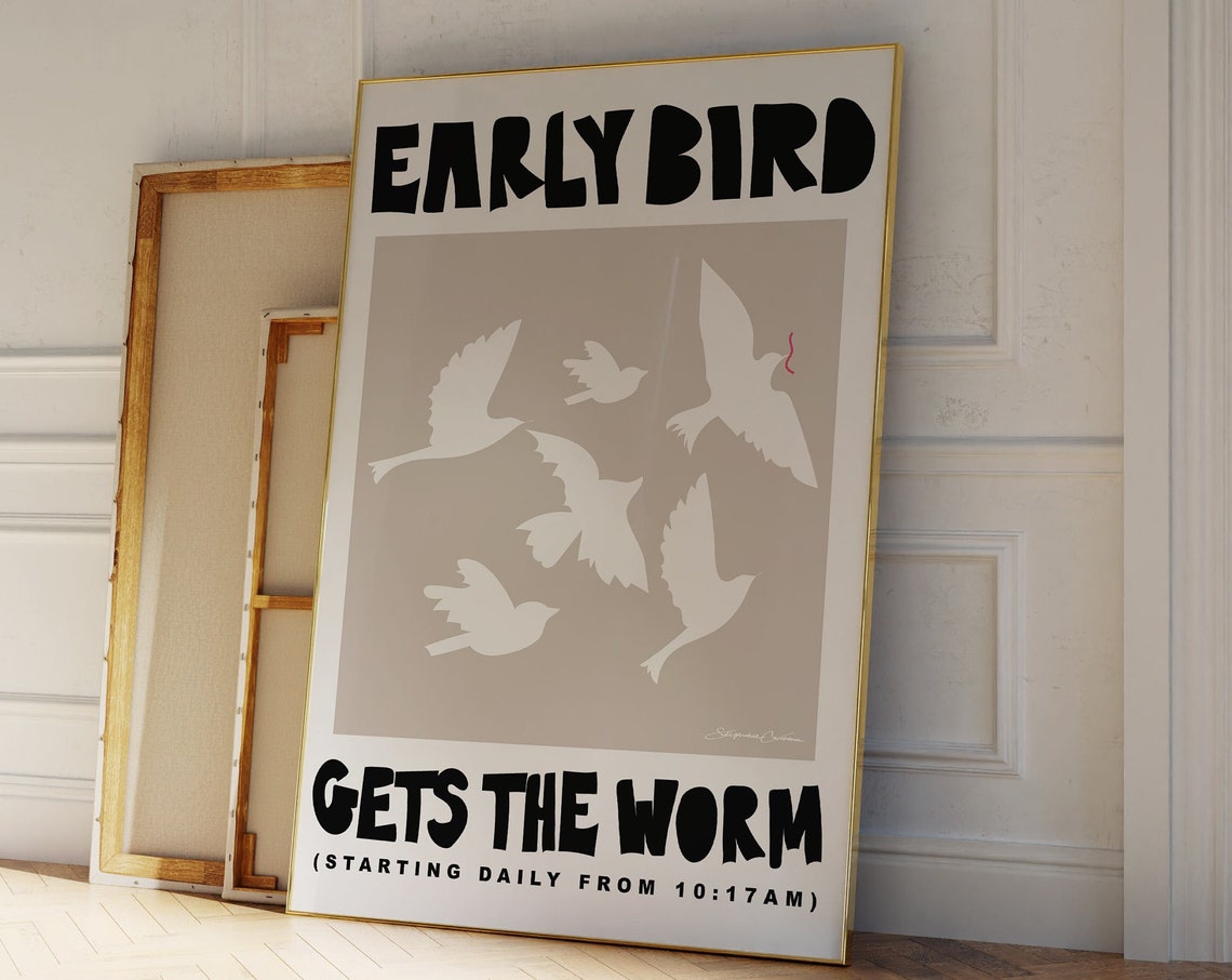 Early Bird Gets The Worm Poster Trendy Blue Print Gift For Lover Illustration Exhibition Typography Bedroom Art