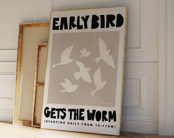 Early Bird Gets The Worm Poster Trendy Blue Print Gift For Lover Illustration Exhibition Typography Bedroom Art