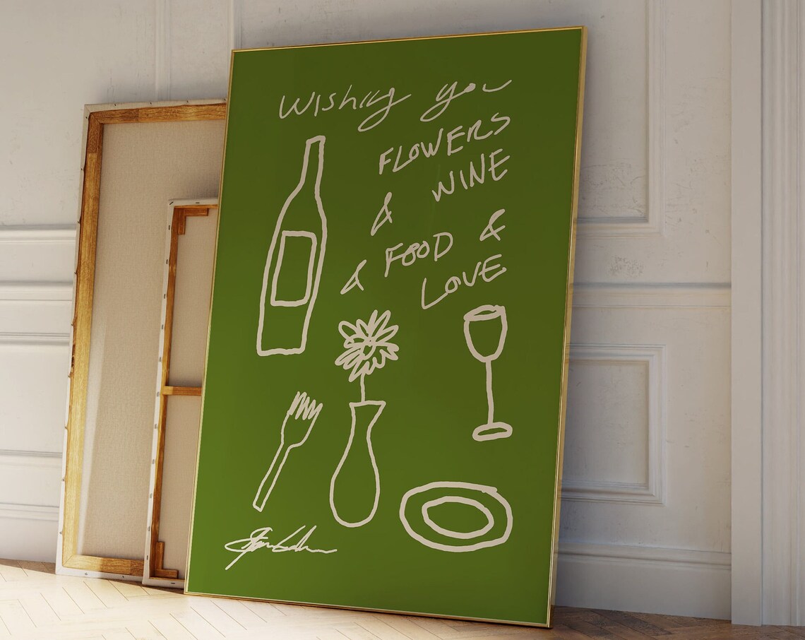 Wishing You Flowers Wine Food and Love Green Line Art Poster