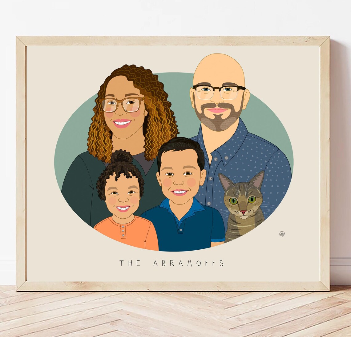 The Abramoffs Custom Cartoon Family Portrait With Cat Art Print