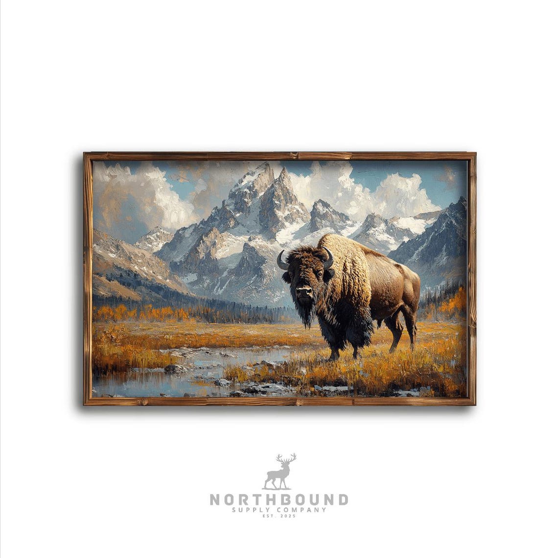 Bison in Golden Meadow Snow Capped Mountain Wildlife Art Poster
