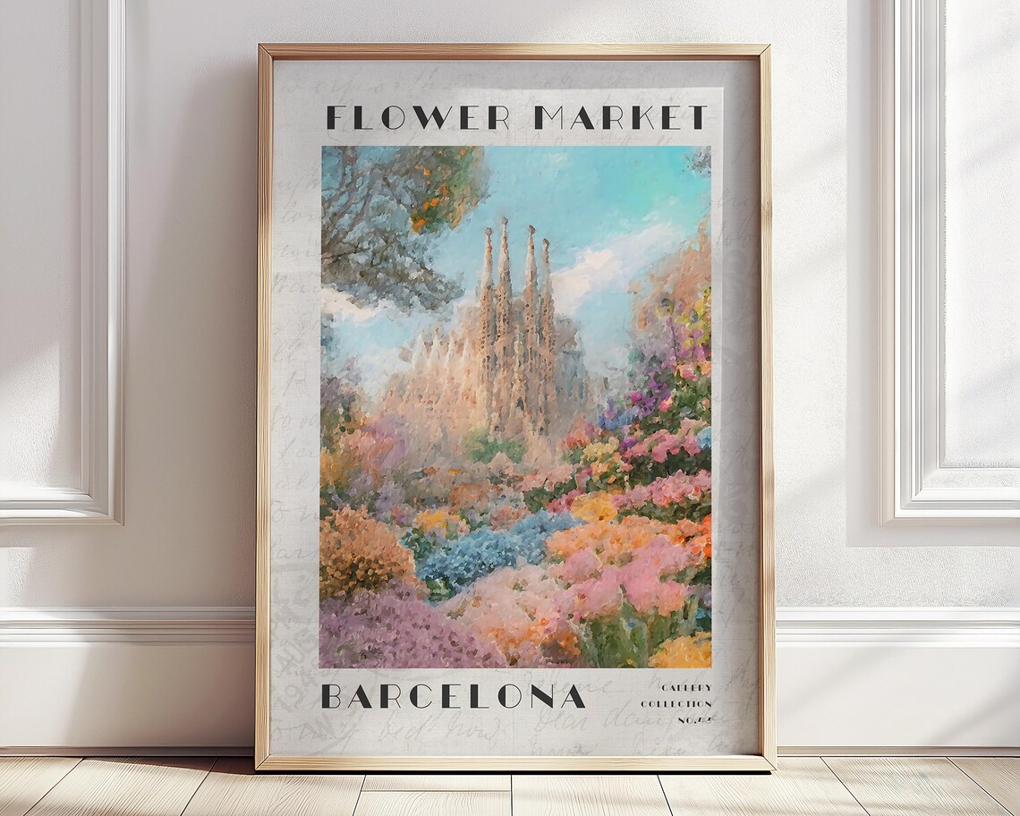 Barcelona Flower Market Sagrada Familia Spires Travel Art Poster