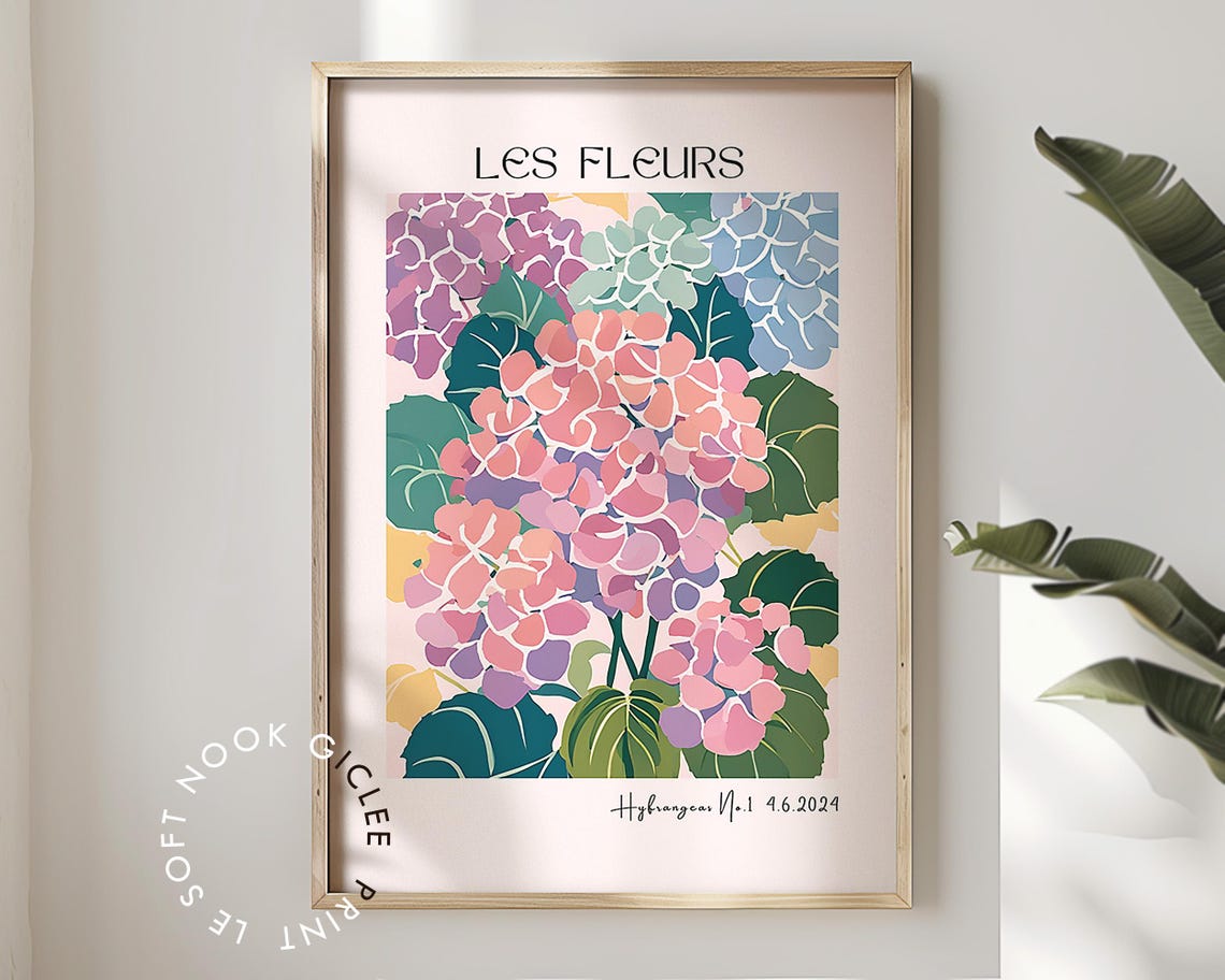 Colorful Hydrangea Cluster Les Fleurs Botanical Flower Poster