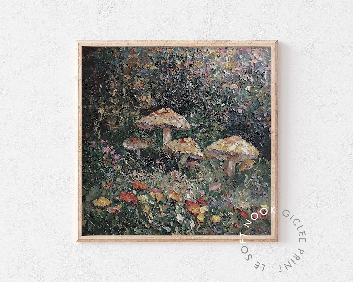 Moody Forest Mushroom Impasto Wildflower Dark Woodland Poster