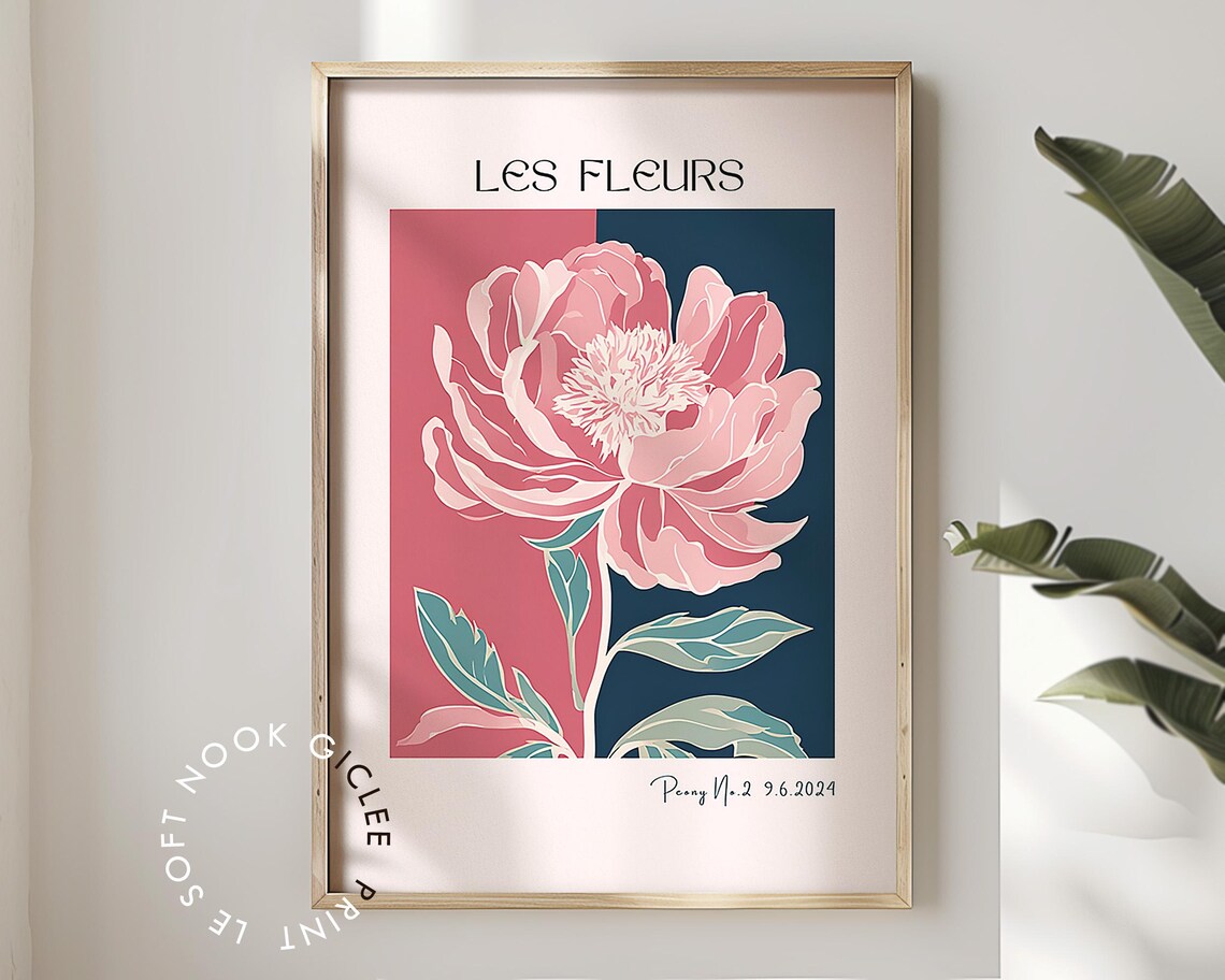 Single Pink Peony Les Fleurs Navy Botanical Flower Art Poster