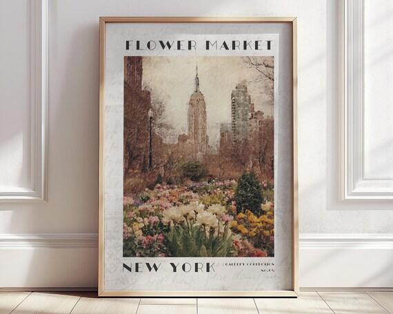Vintage Flower Market Poster Retro New York City Travel Poster Monet Floral Landscape Wall Art Neutral Farmhouse Decor Abstract Room Art