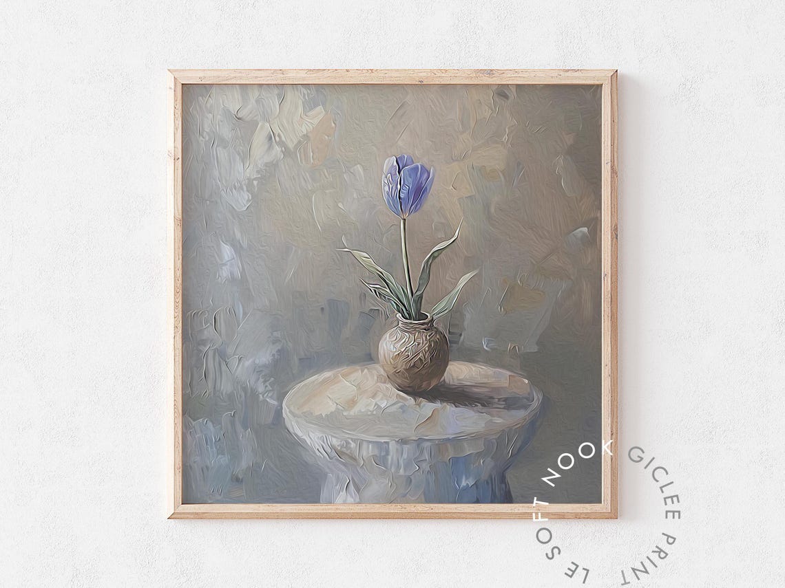 Single Blue Tulip Rustic Vase Minimalist Neutral Still Life Poster