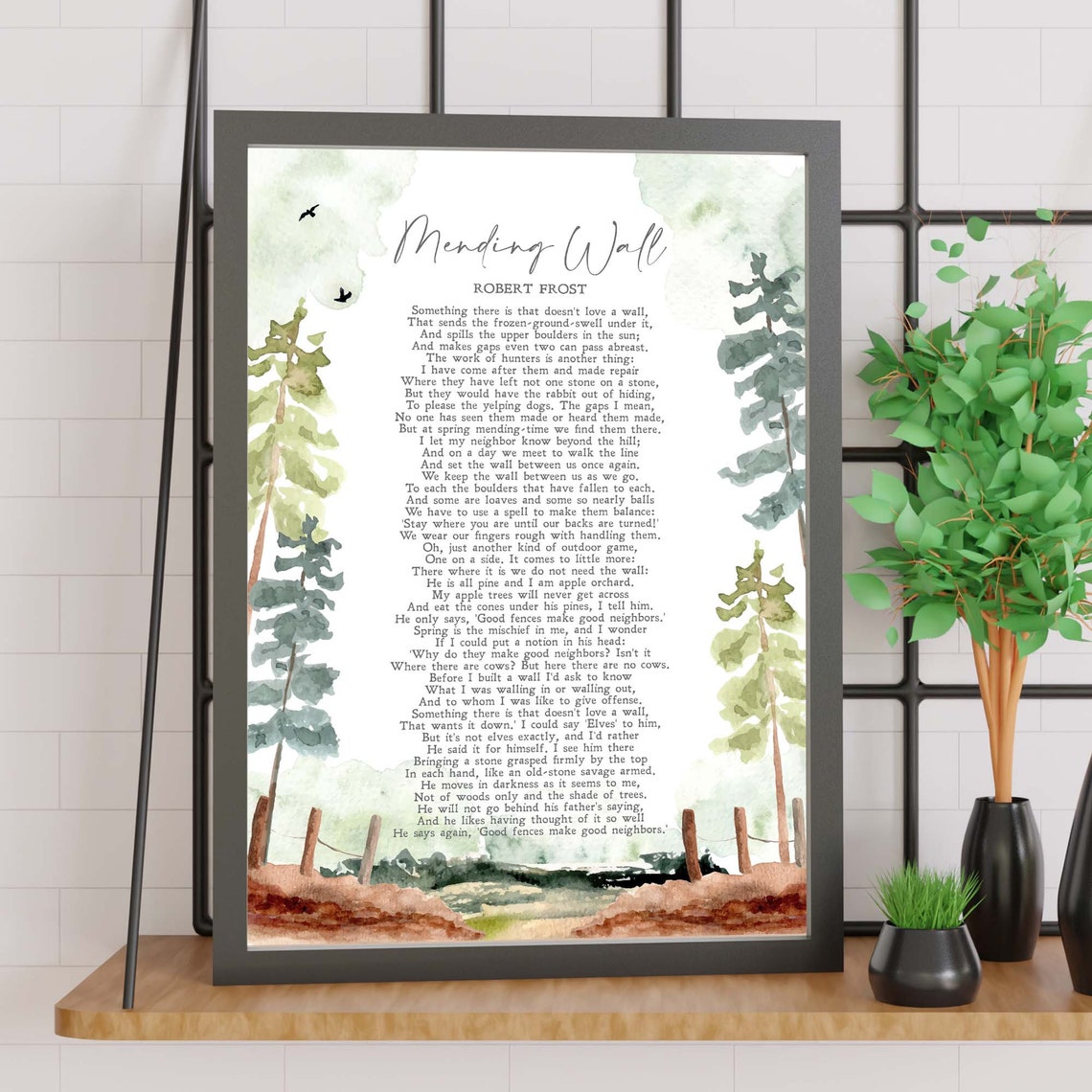 Robert Frost Mending Wall Poem Watercolor Trees Minimalist Poster - Image 2