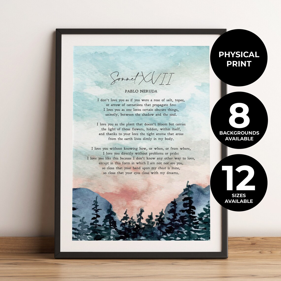 Pablo Neruda Sonnet XVII Wedding Love Poem Art Print