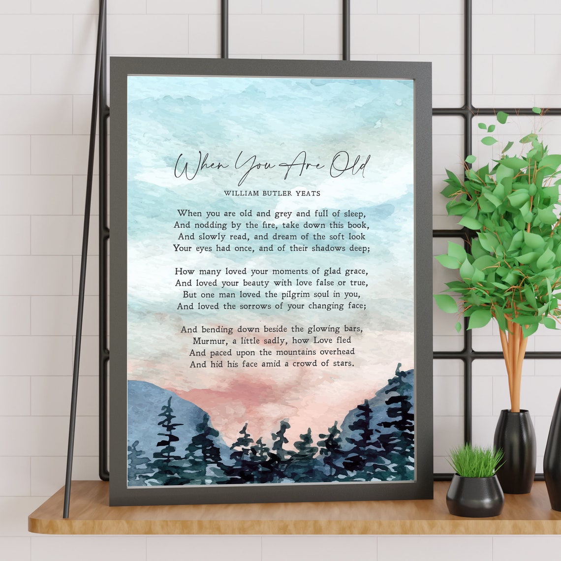 WB Yeats When You Are Old Poem Watercolor Mountain Sunset Print - Image 3