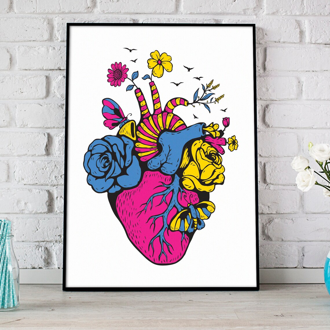 Pansexual Pride Heart Flag LGBTQ Anatomical Floral Art Poster