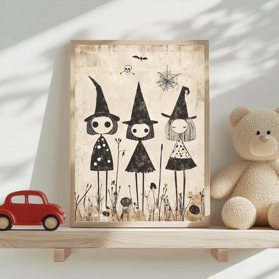 Three Witches Art Whimsical Print Cute Halloween Illustration Wall Decor Spooky Home Accent Playroom