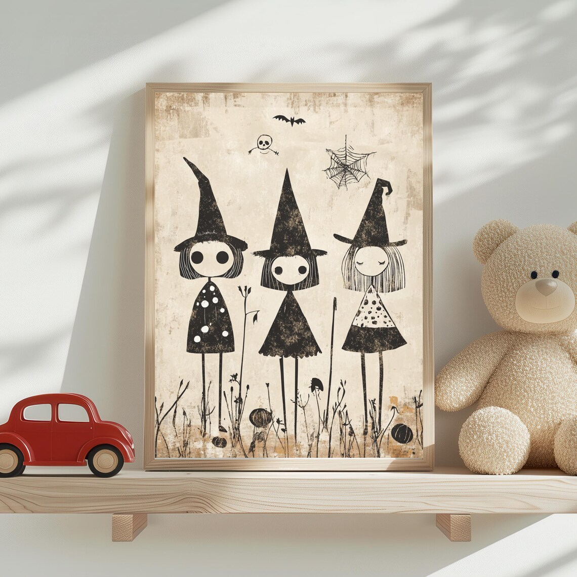 Three Witches Art Whimsical Print Cute Halloween Illustration Wall Decor Spooky Home Accent Playroom