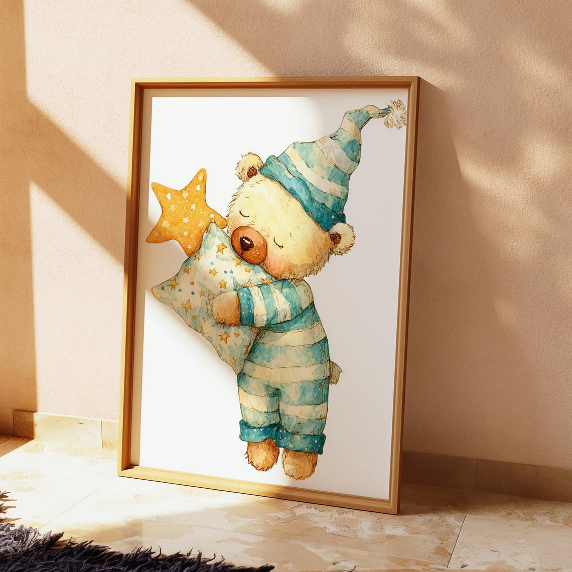 Sleepy Baby Bear In Pajamas Watercolor Cute Nursery Bedtime Poster