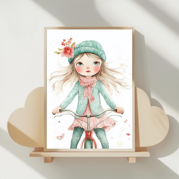Whimsical Watercolor Girl Riding Bicycle Kids Room Decor Poster