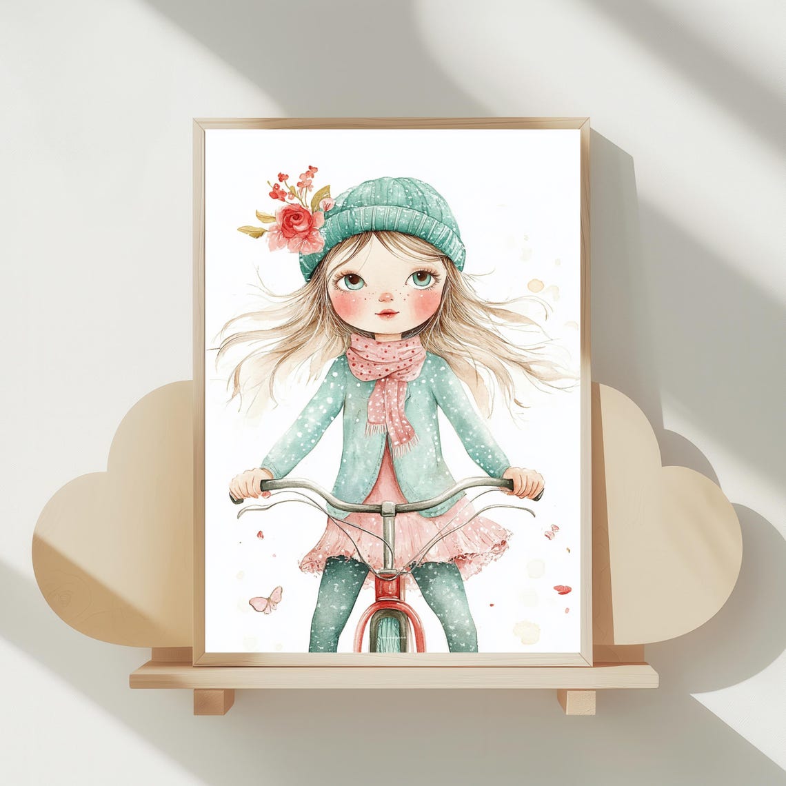 Whimsical Watercolor Girl Riding Bicycle Kids Room Decor Poster