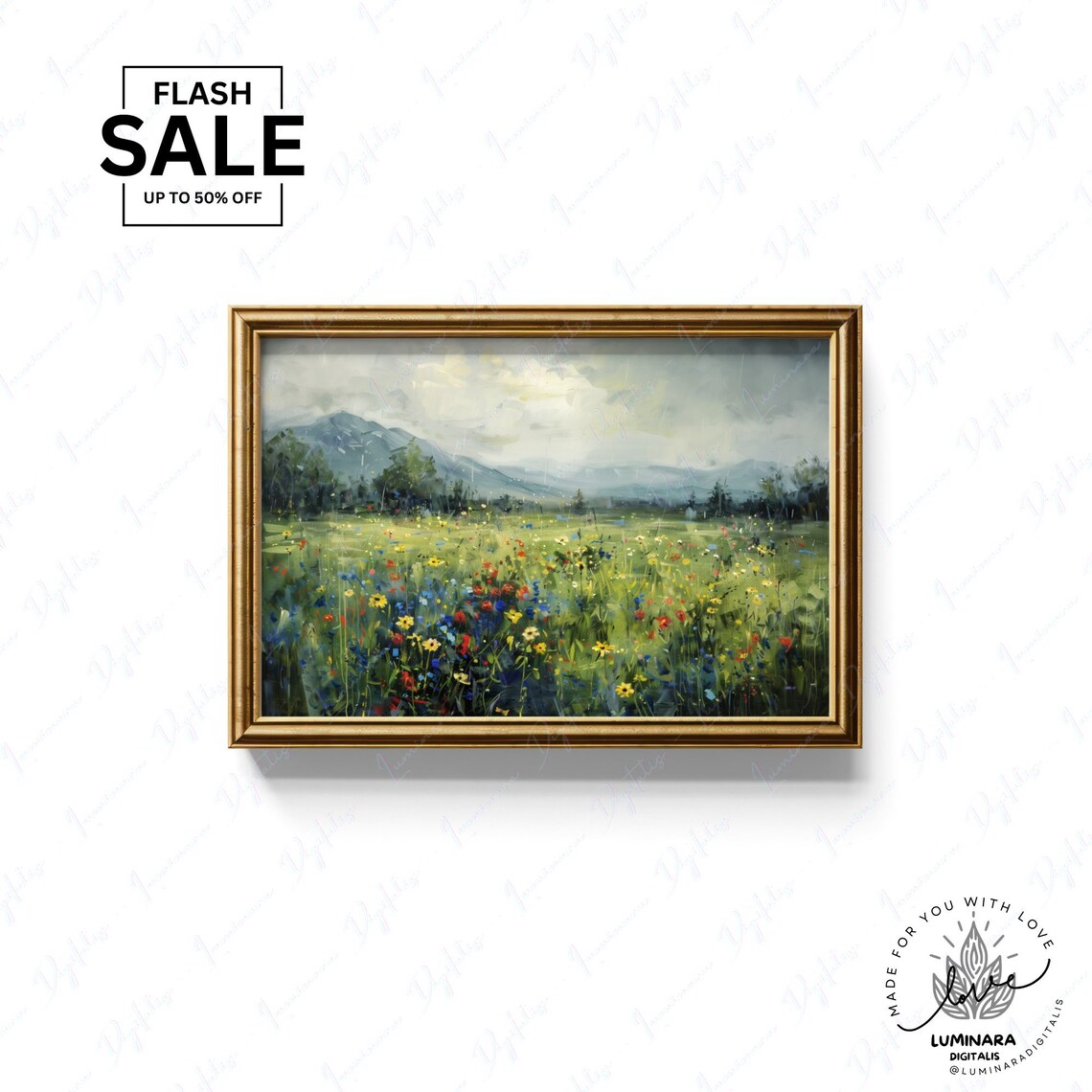 Rainy Meadow Of Wildflowers Beneath Misty Mountains Art Print - Image 3