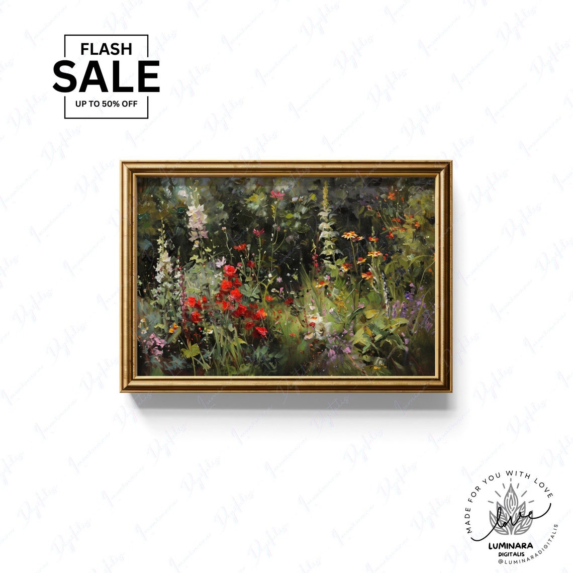 Red Rose Garden With Towering Foxgloves Impressionist Floral Poster - Image 3
