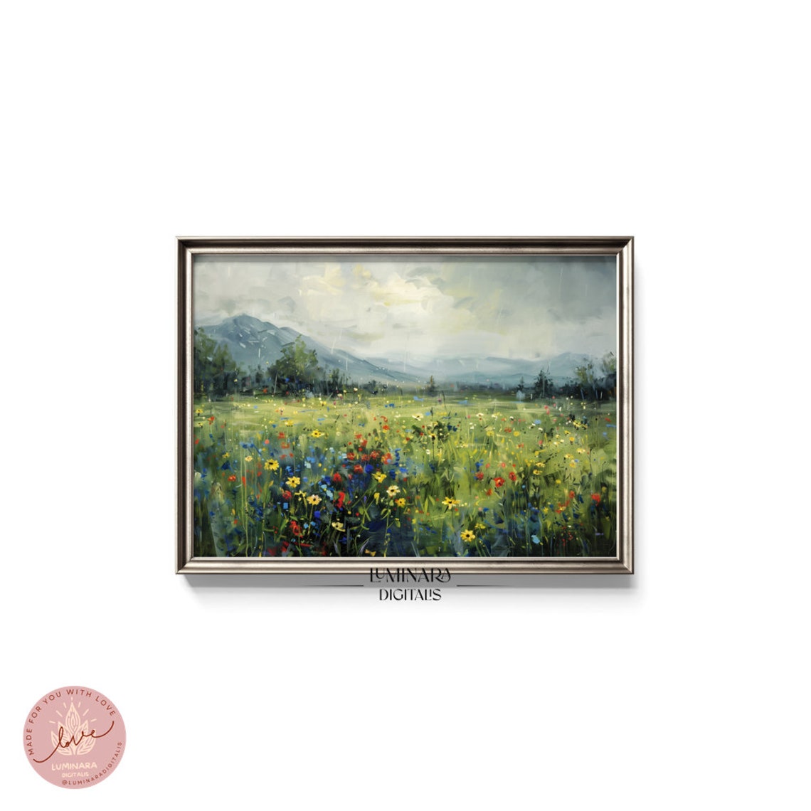 Rainy Meadow Of Wildflowers Beneath Misty Mountains Art Print - Image 5