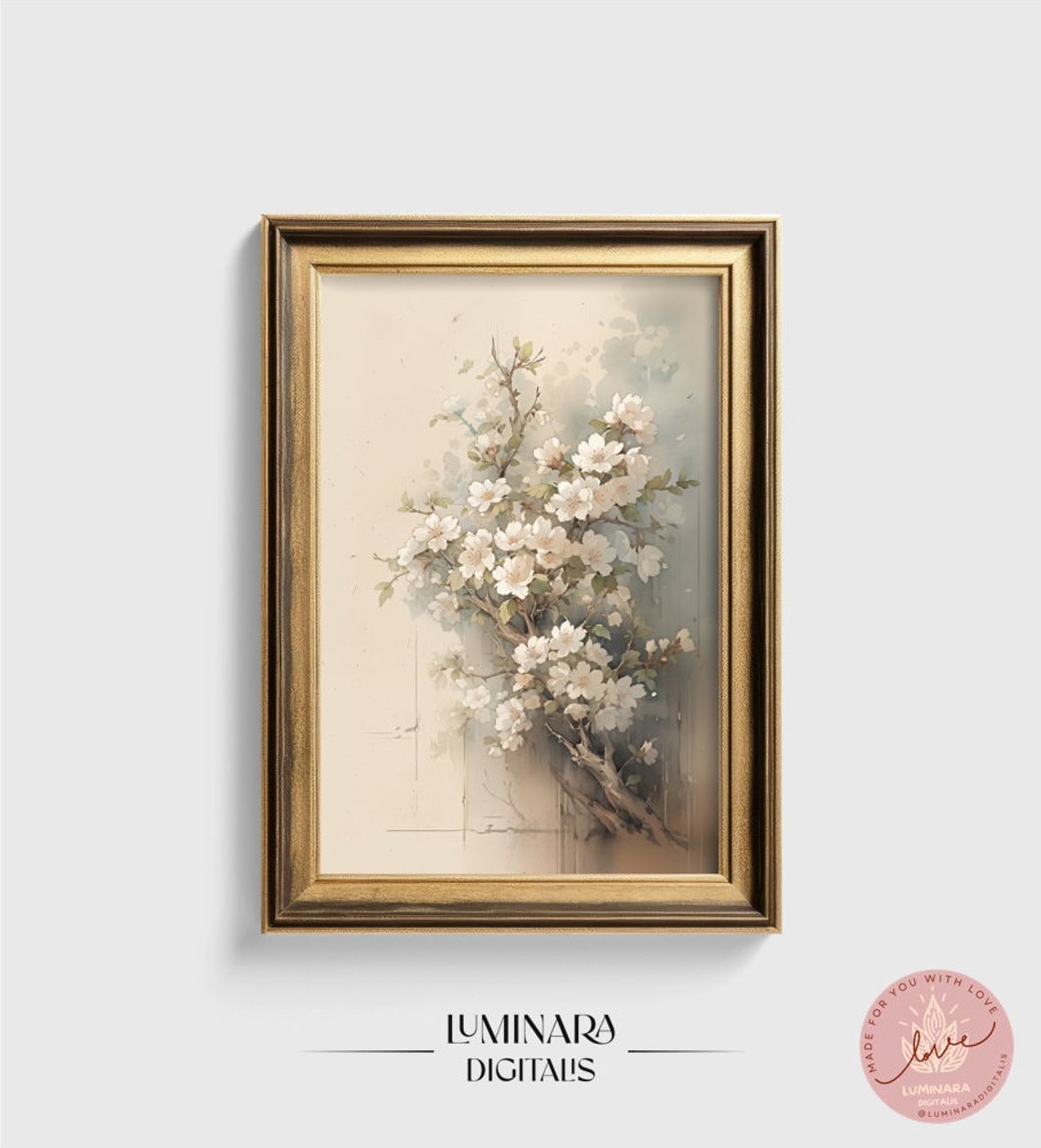 Delicate White Cherry Blossom Branch Watercolor Botanical Print