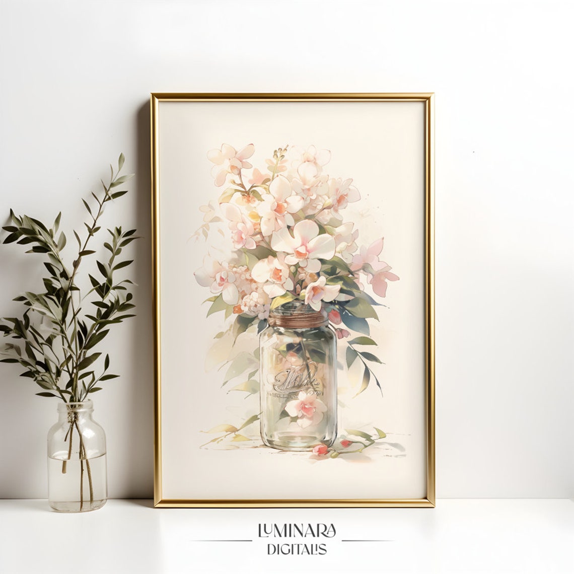 Soft Pink Blossom Bouquet Arranged In A Glass Mason Jar Art Print - Image 4