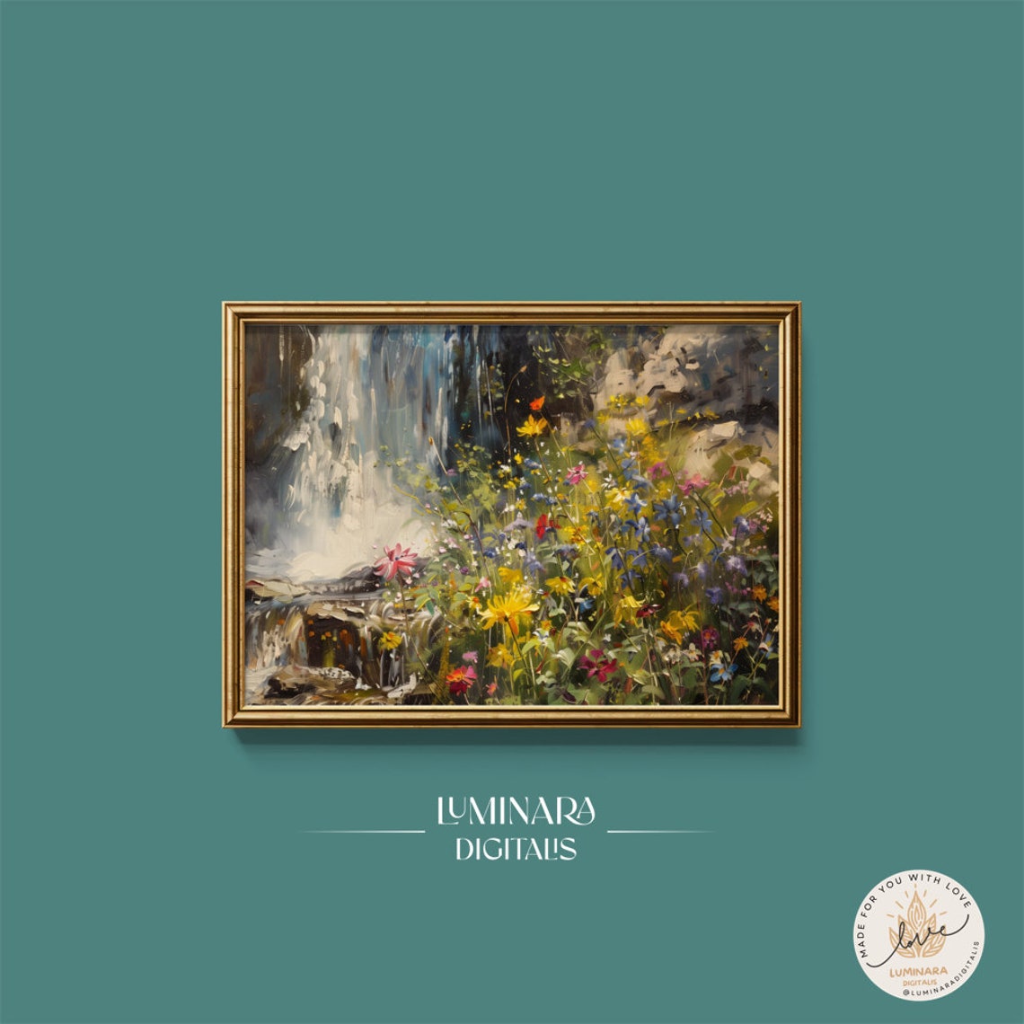 Waterfall Framed By Yellow And Blue Meadow Wildflowers Art Poster